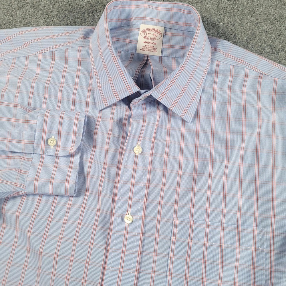 Brooks Brothers Dress Shirt Mens 17.5 35 Blue Red Madison Fit Non-Iron Check